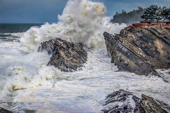 A giant wave explodes at Oregon's Shore Acres State Park