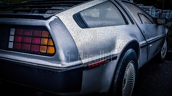 Delorean in the rain.