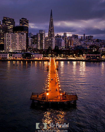 Pier 7 and the TransAmerica Pyramid at twilight.