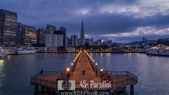 Pier 7 and the TransAmerica Pyramid at twilight.