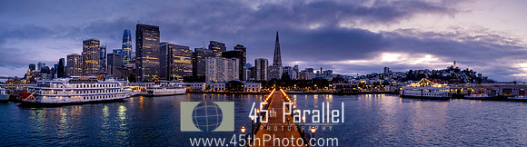 Pier 7 and the TransAmerica Pyramid at twilight.