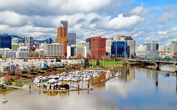 Downtown Portland, the Riverfront Marina, Waterfront Park, and the Hawthorne Bridge