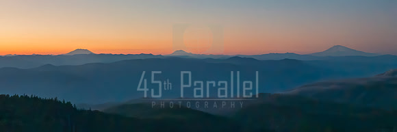Three Volcanoes of the Cascade Range: Saint Helens, Rainier, and  Adams.