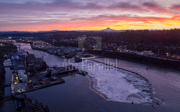 Willamette Falls, Oregon City, and Mount Hood at Sunrise